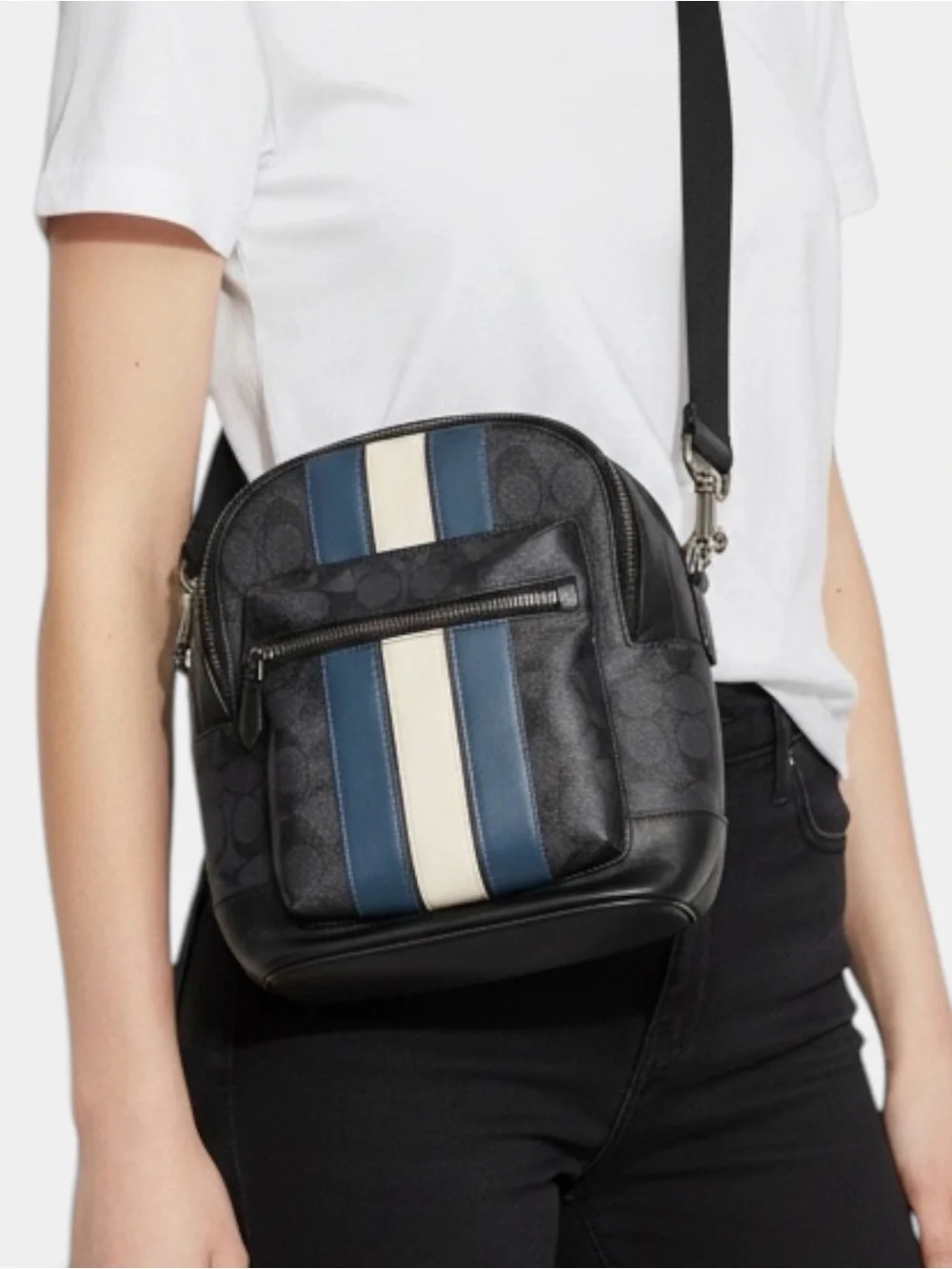 Coach Men’s Black Crossbody Backpack with Blue and Cream Racing Stripes